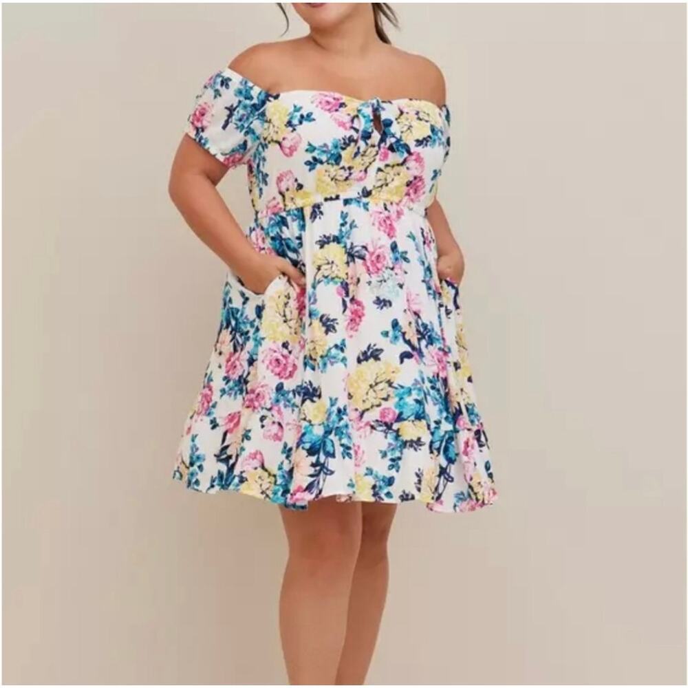 Torrid Mini 1X Gauze Puff Sleeve Floral & White Skater Plus Dress